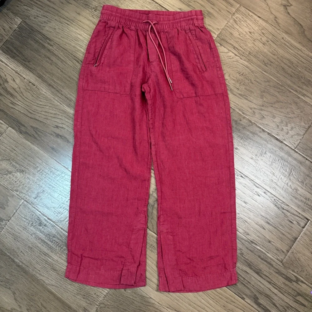 Athleta 100% Linen Pants Womens 4P Petite Wide Leg Drawstring Pockets - Picture 1 of 10